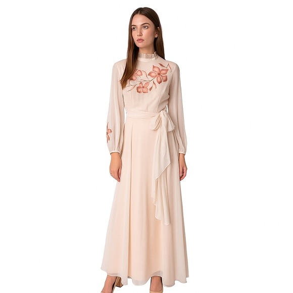 Dan Leslie X Vintage 70's Long Sleeve Midi Dress In Peach
